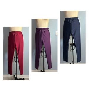 NWOT 3 Stylish Vibrant Stretchy High-Slit Pants in Red, Purple Blue leggings.